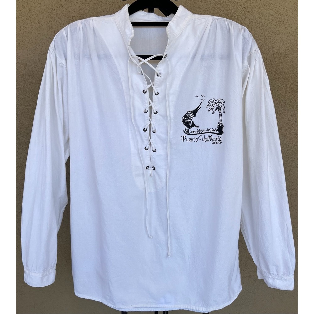 Puerto Vallarta Souvenir Shirt Lace Up Collar Long Sleeve Tourist Cotton‎ L